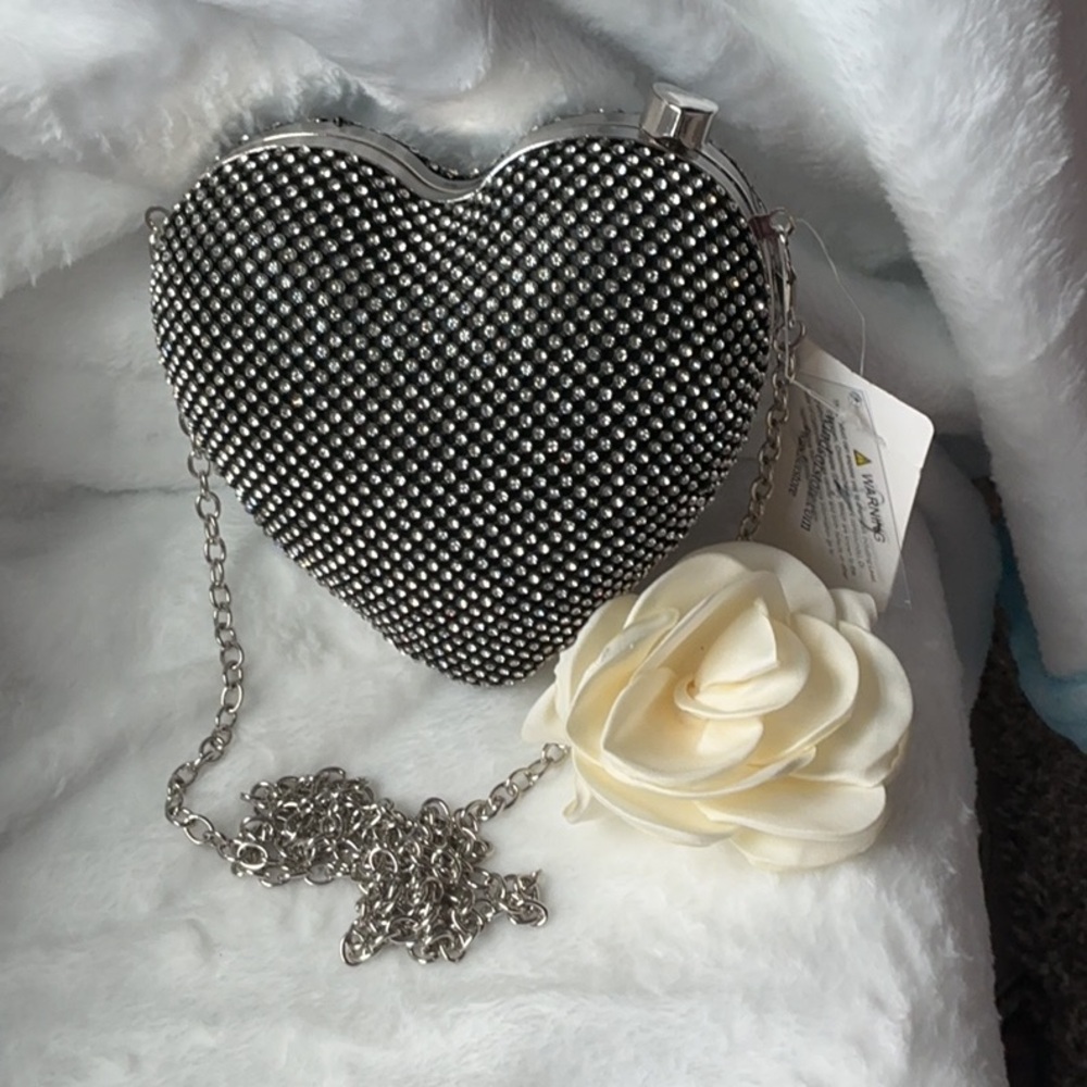 Windsor Silver Heart Clutch with Chain and Floral Accent